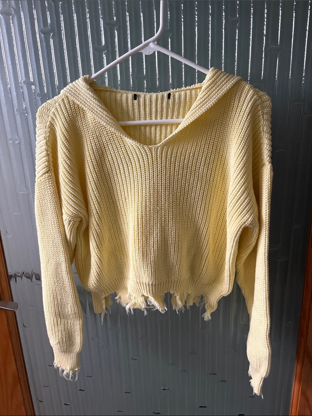 Yellow Distressed V-Neck Knit Sweater